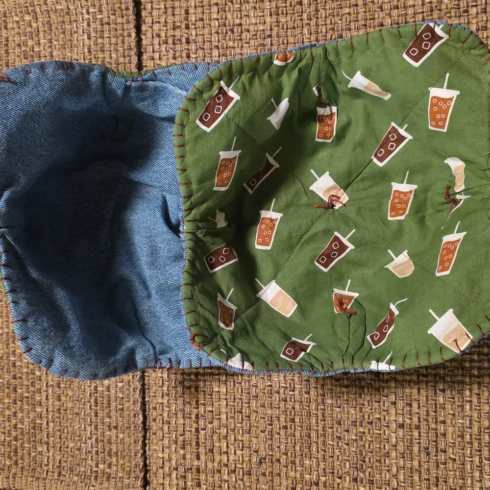 Iced Coffee On Green Print 2 Cozies UPCYCLED Blue Denim Jeans HAND CRAFTED XL